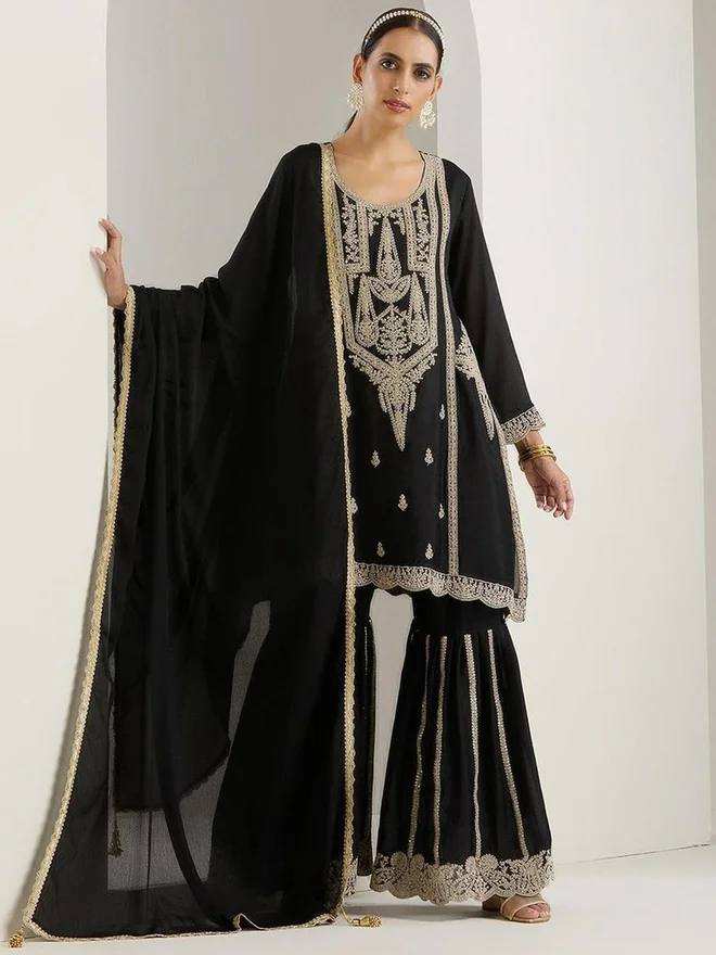 آي شين ISHIN 3-Piece Chinon Zari Embroidered Kurta, Sharara and Tassel Dupatta Set
